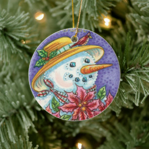 Niedliches Weihnachtsmädchen Snowman mit Poinsetti Keramik Ornament