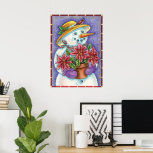 Niedliches Weihnachtsmädchen Snowman mit Poinsetti Poster
