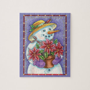 Niedliches Weihnachtsmädchen Snowman mit Poinsetti Puzzle