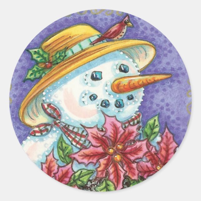 Niedliches Weihnachtsmädchen Snowman mit Poinsetti Runder Aufkleber (Vorderseite)