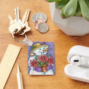 Niedliches Weihnachtsmädchen Snowman mit Poinsetti Schlüsselanhänger