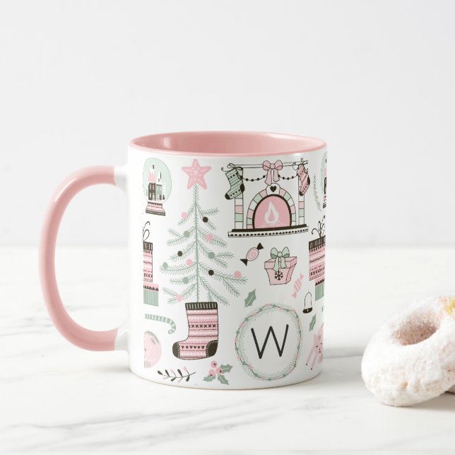 Niedliches Weihnachtsmuster-Monogramm Tasse (Mit Donut)
