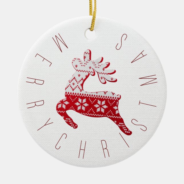 Niedliches Weihnachtsmuster Rentiere Rot & Weiß Keramik Ornament (Vorne)
