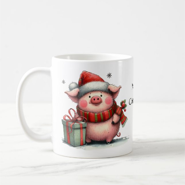Niedliches Weihnachtsschwein in einer Weihnachtsma Kaffeetasse (Links)