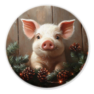 Niedliches Weihnachtsschwein Rustikales Gemälde Keramikknauf
