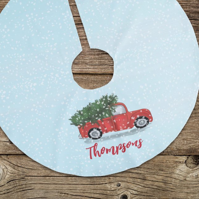 Niedliches WeihnachtsScript Watercolor Rustikaler  Polyester Weihnachtsbaumdecke (Christmas classic holiday rustic red truck with Christmas tree skirt)