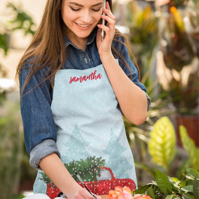 Niedliches WeihnachtsScript Watercolor Rustikaler  Schürze (Classic red truck holiday custom aprons)