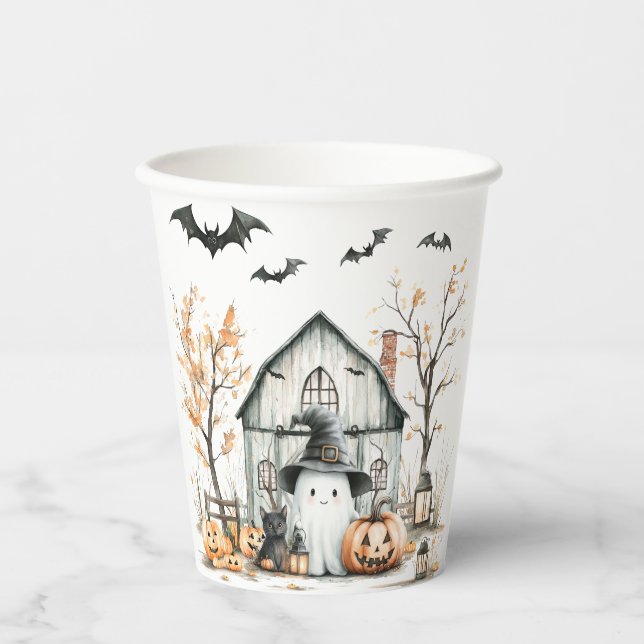 Niedliches Weiß- und Orangenschaum mit Herbststall Pappbecher (Vorderseite)