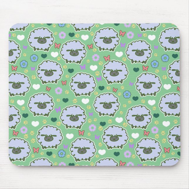 Niedliches weiße Schaf-Grün-Muster Mousepad (Vorne)