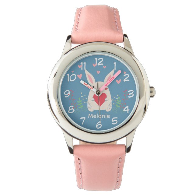 Niedliches weißes Bunny mit Herz Personalisiert Armbanduhr (Vorderseite)