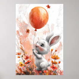 Niedliches Weißes Bunny mit Orange Balloon Digital Poster