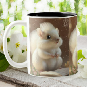 Niedliches weißes Eichhörnchen, stehend auf einem Zweifarbige Tasse