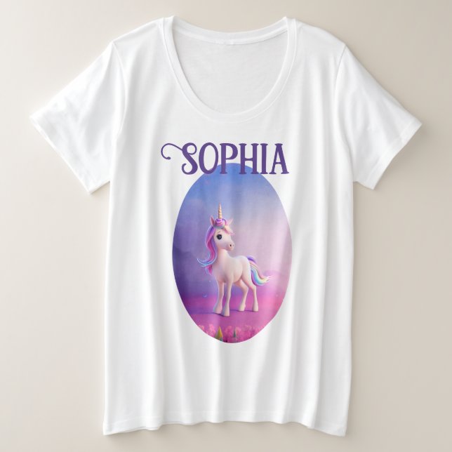 Niedliches weißes Einhorn mit rosa und blauem Mane Große Größe T-Shirt (Design vorne)