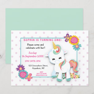 Niedliches Weißes Einhorn Pink Polka Dots Erster G Einladung