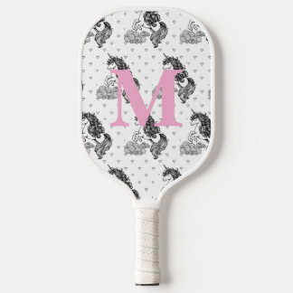 Niedliches weißes Einhornmuster Kids Monogramm Pickleball Schläger