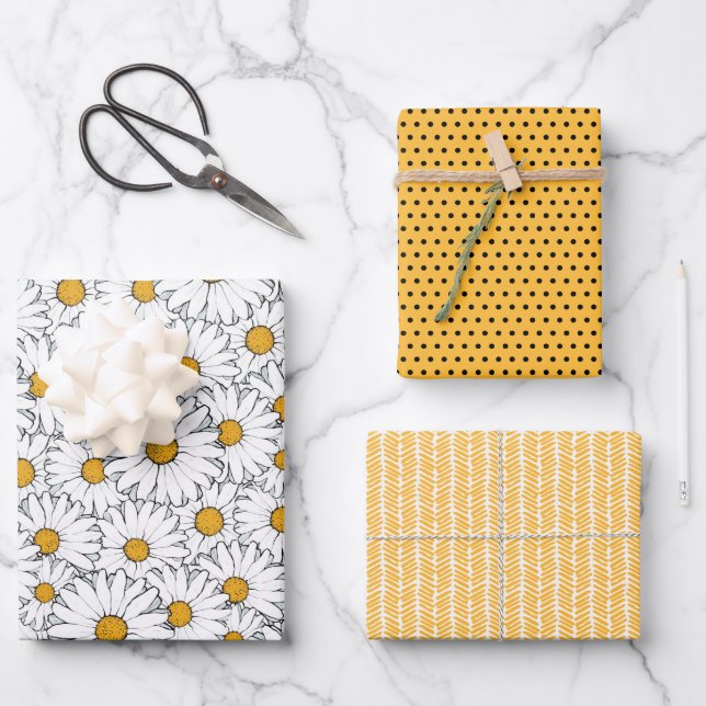Niedliches, weißes, gelbes, florales Kunstmuster Geschenkpapier Set (Vorderseite)