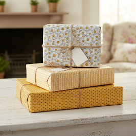 Niedliches, weißes, gelbes, florales Kunstmuster Geschenkpapier Set