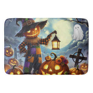 Niedliches, weißes Halloweenschaukeln und Kürbisse Badematte