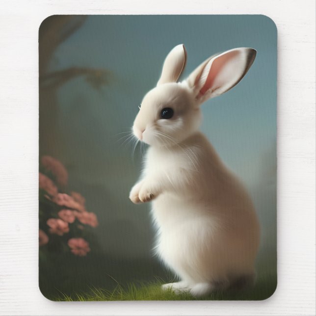 Niedliches Weißes Hasen und Rose Mousepad (Vorne)