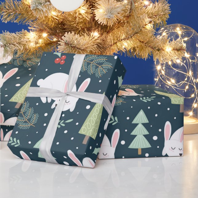 Niedliches Weißes Kaninchen Woodland Weihnachten Geschenkpapier (Feiertage)