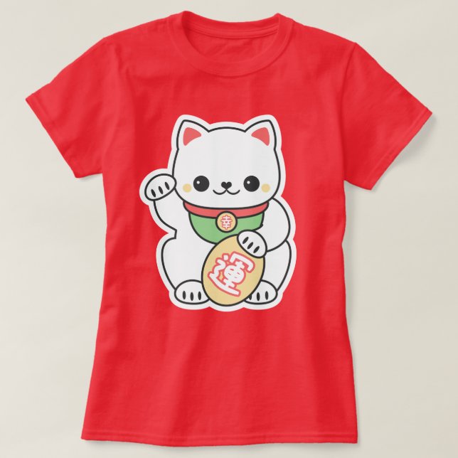 Niedliches weißes Maneki Neko T-Shirt (Design vorne)