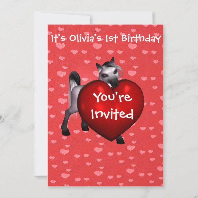 Niedliches weißes Pony mit Einladung zum Roten Her (Vorderseite)