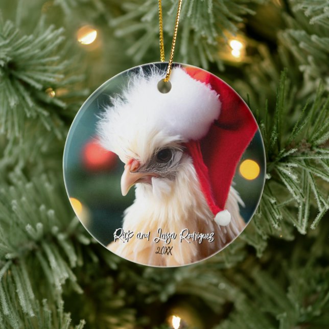 Niedliches Weißes Seidenhühnchen in der Weihnachts Keramik Ornament (Baum)
