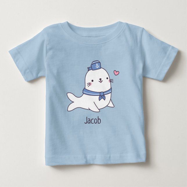 Niedliches weißes Siegel Pup Sailor Crew Doodle Baby T-shirt (Vorderseite)