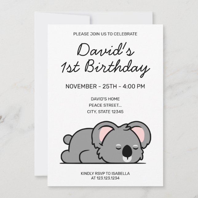 Niedliches Weißes Sonnenbad Koala 1. Geburtstag Einladung (Vorderseite)