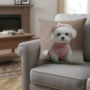 Niedliches weißes Welpe in Pink Sweater & Hat Kissen