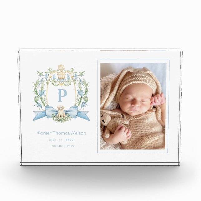 Niedliches Welpe Blue Ribbon-Wappen | Baby Boy Wal Fotoblock (Vorderseite)