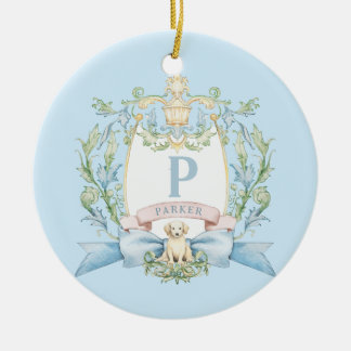 Niedliches Welpe Blue Ribbon-Wappen | Baby Jungen Keramik Ornament