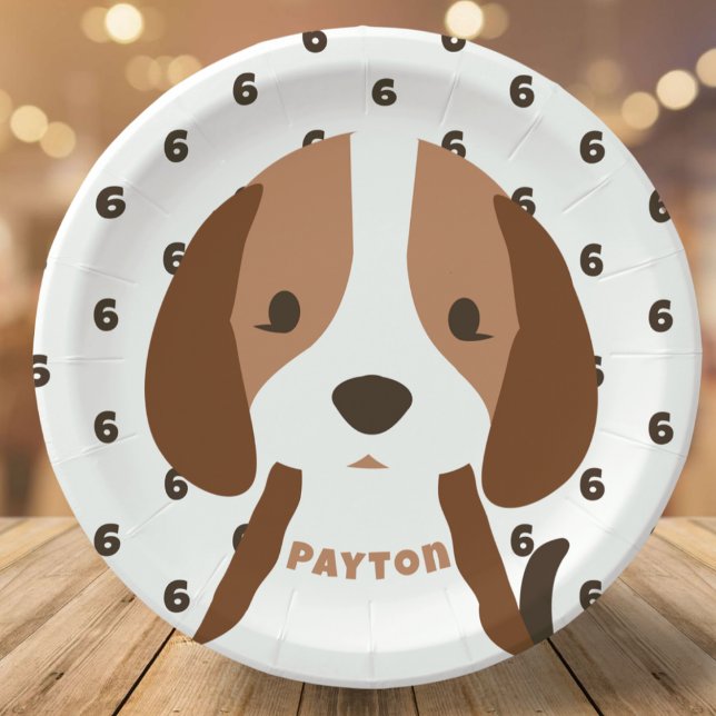 Niedliches Welpenhundealter und Namensgeber für di Pappteller (paper birthday party plates with cute puppy dog and custom name and age)