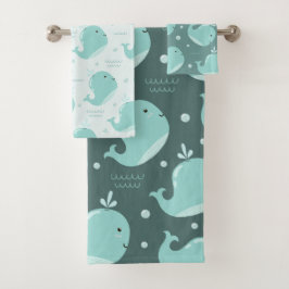 Niedliches Whale Muster auf Aquamarinem Blue Kids  Badhandtuch Set