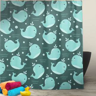 Niedliches Whale Muster auf Aquamarinem Blue Kids Duschvorhang