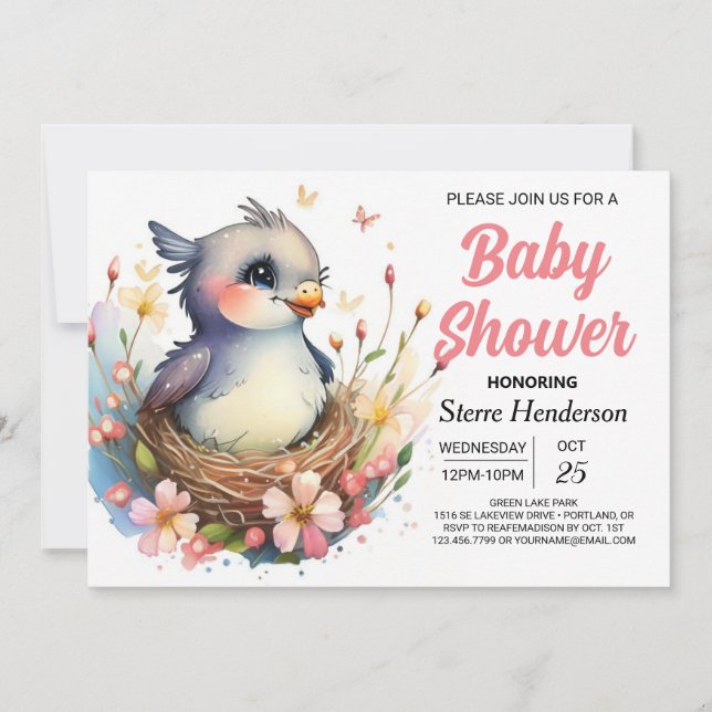 Niedliches Whimsical in die Woods Bird Baby Dusche Einladung (Vorderseite)