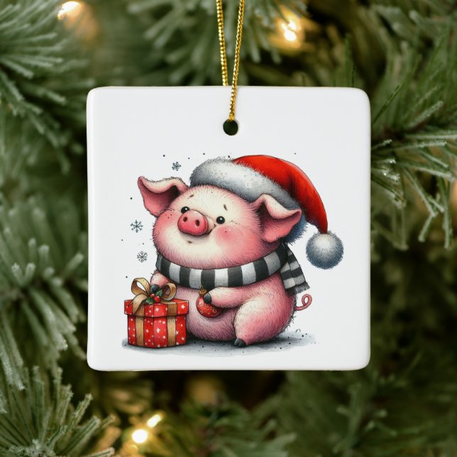 Niedliches Whimsical Piggy, kundenspezifisch Keramikornament (Baum)