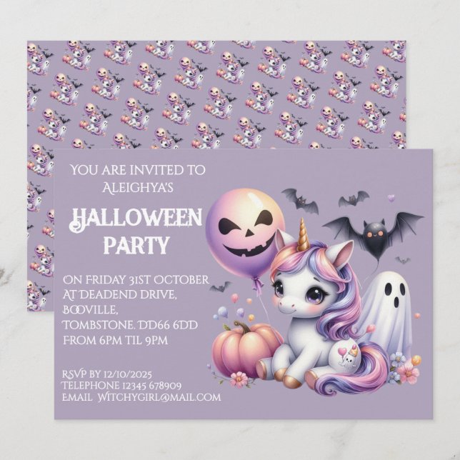 Niedliches Whimsical Unicorn-Halloween-Party Einladung (Vorne/Hinten)