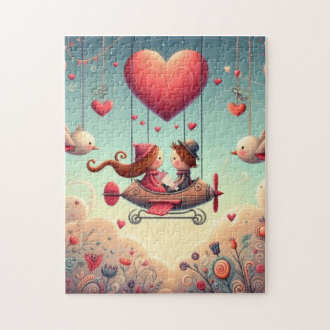 Niedliches whimsical Valentin's Day Herz Flugzeug Puzzle (Vertikal)