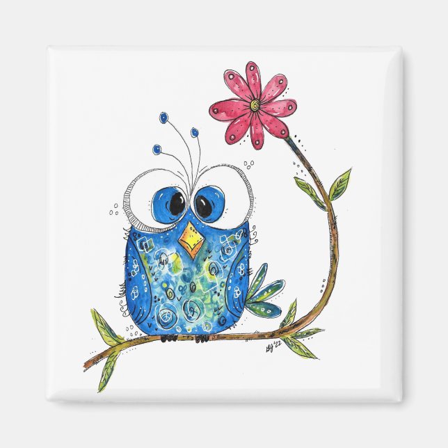 Niedliches Whimsisches Blauäulchen Magnet (Vorne)