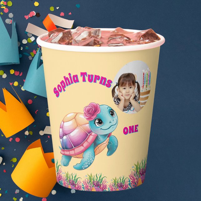 Niedliches Whimsisches Foto Floral Sea Turtle Gebu Pappbecher (Von Creator hochgeladen)