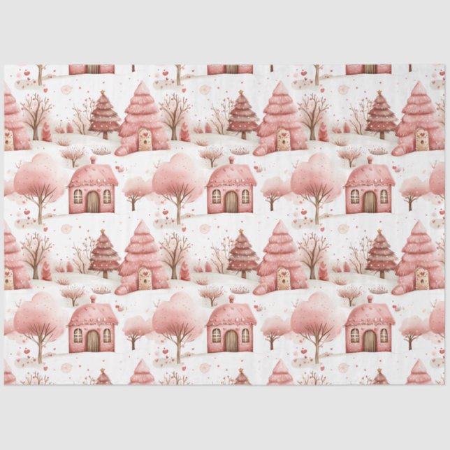 Niedliches Whimsisches Pink Winter Wunderland Weih Seidenpapier (Vorderseite)