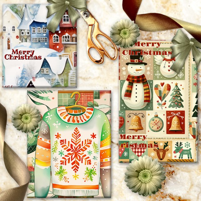 Niedliches Whimsisches Retro Wasserfarbenfroh Weih Geschenkpapier Set (Cute Christmas wrapping paper sheets with a variety of different retro designs )