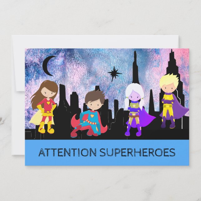 *~* Niedliches Whimsisches SUPERHEROS Kindergeburt Einladung (Vorderseite)