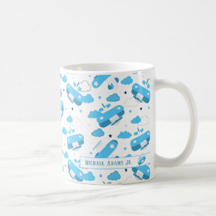 Niedliches White & Blue Flugzeuge und Clouds Kids Kaffeetasse