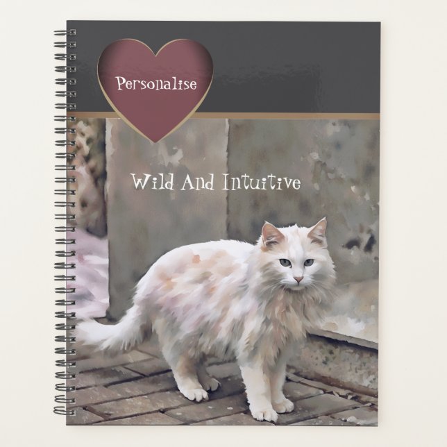 Niedliches White Cat Wild Quote Grau Journal Planer (Vorderseite)