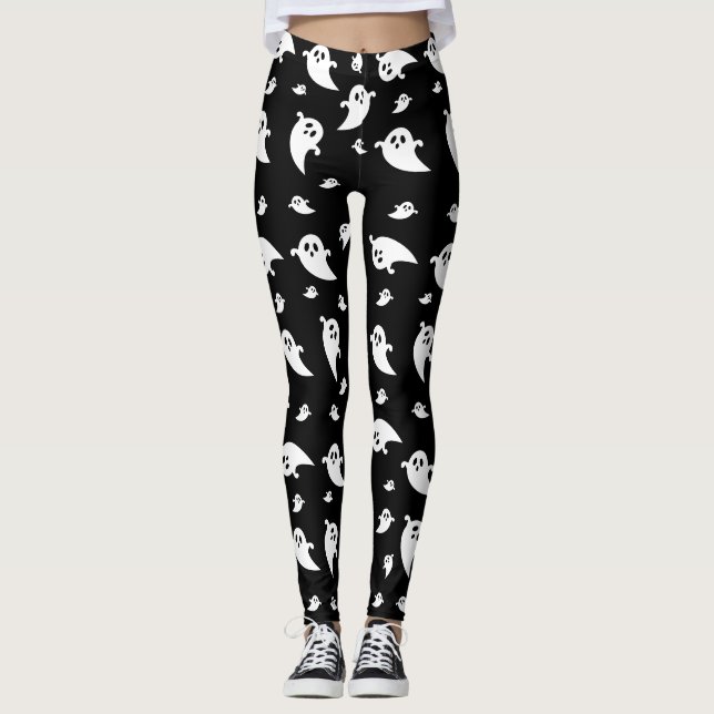 Niedliches White Ghost Shapes Pattern Schwarzes Ha Leggings (Vorderseite)