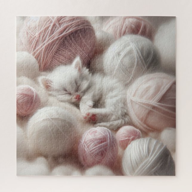 Niedliches White Kitten Napping im Garn Puzzle (Vertikal)