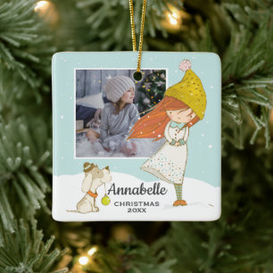 Niedliches Winter Girl and Dog Illustration Foto Keramikornament