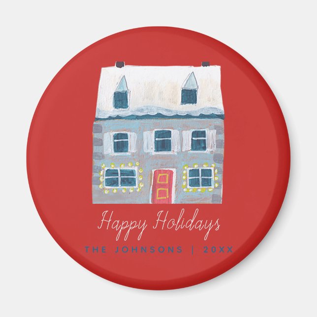 Niedliches Winter House Village Rotes Weihnachten Magnet (Vorne)